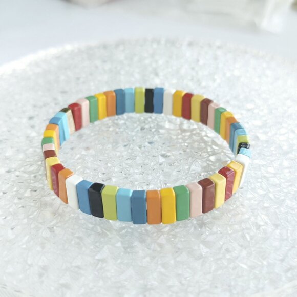 Roxanne Assoulin Rainbow Brite Bit X Bit Gold Colorful Enamel Stretch Bracelet - Picture 1 of 4